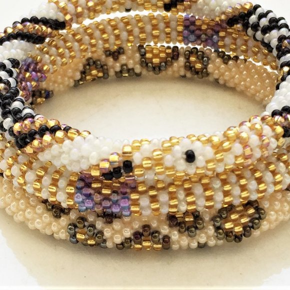 Gold Black White Beaded Roll-on Bracelets-set of 3 - Picture 2 of 3